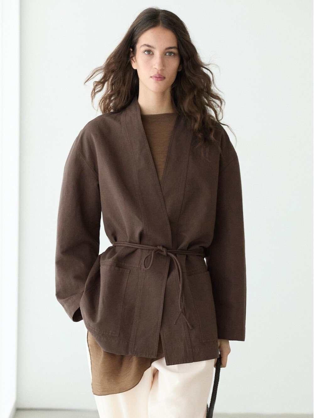 Massimo Dutti Linen Blend Kimono Jacket with Tie Detail - Chocolate, Size L